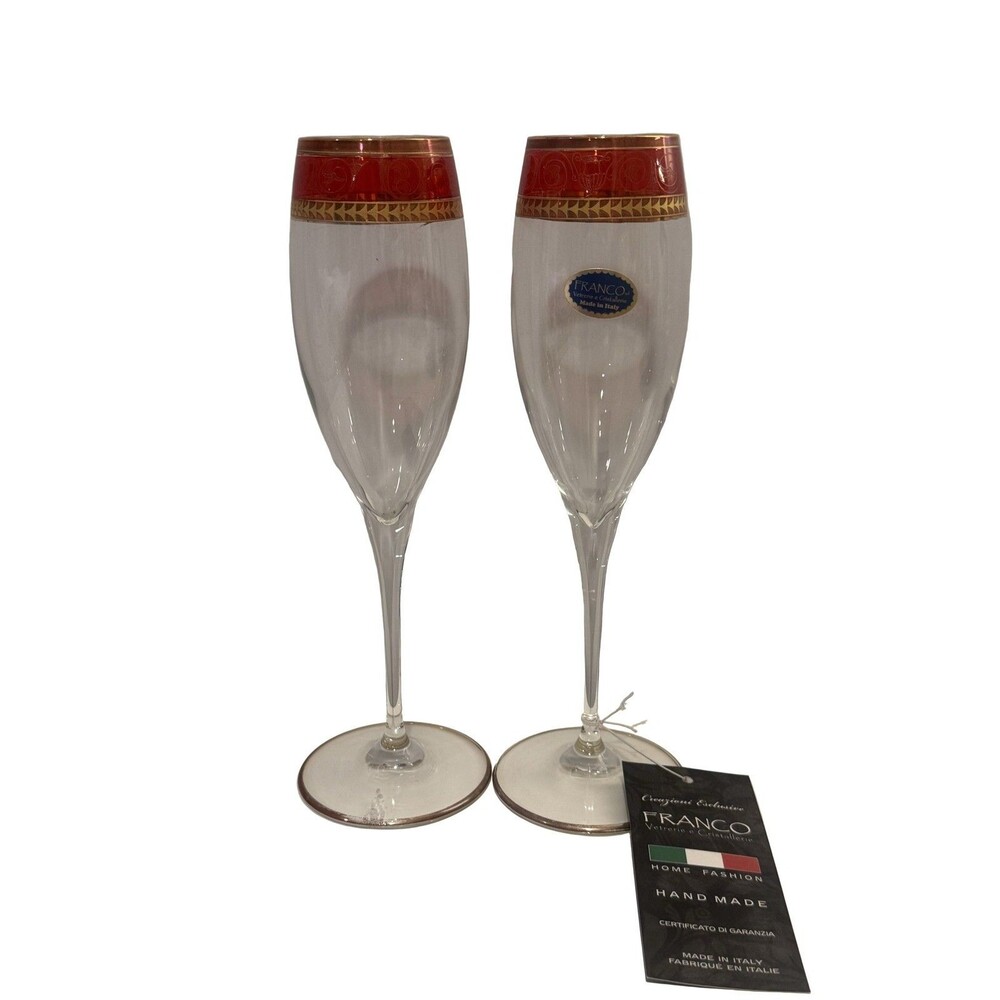 (2) FRANCO Champagne Flutes Vetrerie e Cristallerie Hand Made Glass Clear Red Go